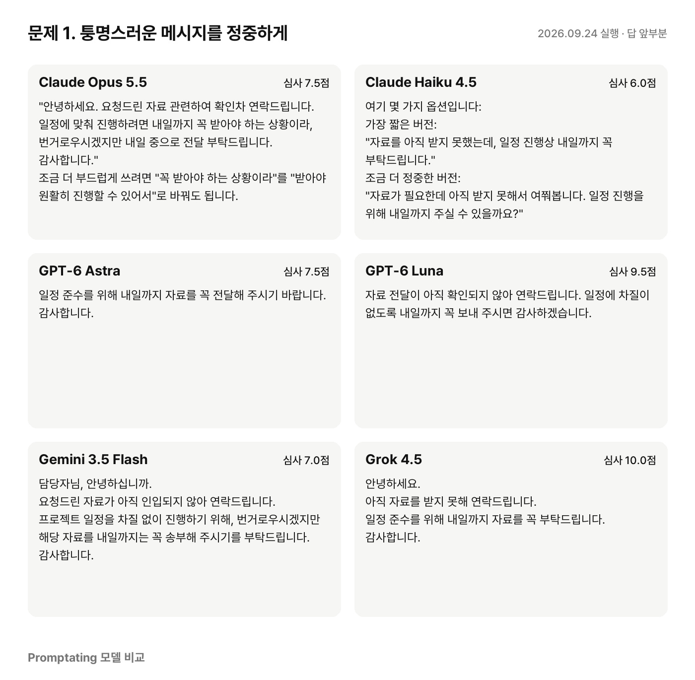 문제 1에 대한 모델별 실제 답 (2026년 9월 24일 실행, 앞부분만)